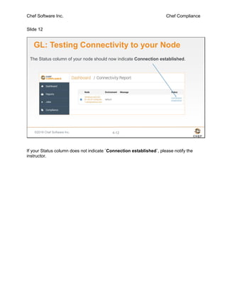 Chef Software Inc. Chef Compliance
Slide 12
©2016 Chef Software Inc. 4-12
GL: Testing Connectivity to your Node
The Status column of your node should now indicate Connection established.
If your Status column does not indicate `Connection established`, please notify the
instructor.
 