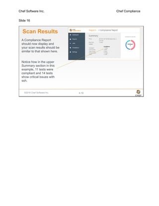 Chef Software Inc. Chef Compliance
Slide 16
©2016 Chef Software Inc. 4-16
Scan Results
A Compliance Report
should now display and
your scan results should be
similar to that shown here.
Notice how in the upper
Summary section in this
example, 11 tests were
compliant and 14 tests
show critical issues with
ssh.
 