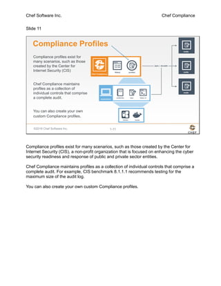 Chef Software Inc. Chef Compliance
Slide 11
©2016 Chef Software Inc. 1-11
Compliance profiles exist for
many scenarios, such as those
created by the Center for
Internet Security (CIS)
Chef Compliance maintains
profiles as a collection of
individual controls that comprise
a complete audit.
You can also create your own
custom Compliance profiles.
Compliance Profiles
Compliance profiles exist for many scenarios, such as those created by the Center for
Internet Security (CIS), a non-profit organization that is focused on enhancing the cyber
security readiness and response of public and private sector entities.
Chef Compliance maintains profiles as a collection of individual controls that comprise a
complete audit. For example, CIS benchmark 8.1.1.1 recommends testing for the
maximum size of the audit log.
You can also create your own custom Compliance profiles.
 