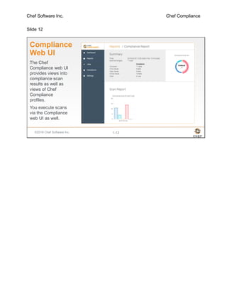 Chef Software Inc. Chef Compliance
Slide 12
©2016 Chef Software Inc. 1-12
Compliance
Web UI
The Chef
Compliance web UI
provides views into
compliance scan
results as well as
views of Chef
Compliance
profiles.
You execute scans
via the Compliance
web UI as well.
 