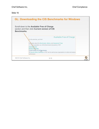 Chef Software Inc. Chef Compliance
Slide 16
©2016 Chef Software Inc. 6-16
GL: Downloading the CIS Benchmarks for Windows
Scroll down to the Available Free of Charge
section and then click Current version of CIS
Benchmarks.
 