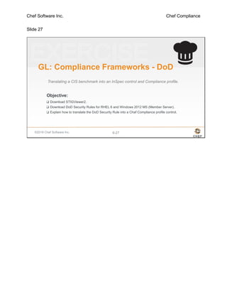Chef Software Inc. Chef Compliance
Slide 27
©2016 Chef Software Inc. 6-27
Objective:
GL: Compliance Frameworks - DoD
Translating a CIS benchmark into an InSpec control and Compliance profile.
 Download STIGViewer2.
 Download DoD Security Rules for RHEL 6 and Windows 2012 MS (Member Server).
 Explain how to translate the DoD Security Rule into a Chaf Compliance profile control.
 
