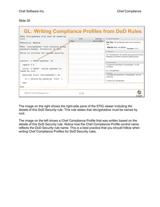 Chef Software Inc. Chef Compliance
Slide 35
©2016 Chef Software Inc. 6-35
GL: Writing Compliance Profiles from DoD Rules
#The /etc/gshadow file must be owned by
root.
#Severity: Medium
#The "/etc/gshadow" file contains group
password hashes. Protection of this
#file is critical for system security.
control 'v-38443-gshadow' do
impact 0.5
title 'v-38443: verify gshadow is
owned by root'
describe file('/etc/gshadow') do
it { should be_owned_by 'root' }
end
end
The image on the right shows the right-side pane of the STIG viewer including the
details of this DoD Security rule. This rule states that /etc/gshadow must be owned by
root.
The image on the left shows a Chef Compliance Profile that was written based on the
details of this DoD Security rule. Notice how the Chef Compliance Profile control name
reflects the DoD Security rule name. This is a best practice that you should follow when
writing Chef Compliance Profiles for DoD Security rules.
 