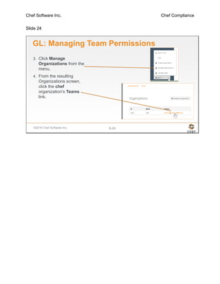 Chef Software Inc. Chef Compliance
Slide 24
©2016 Chef Software Inc. 8-24
GL: Managing Team Permissions
3. Click Manage
Organizations from the
menu.
4. From the resulting
Organizations screen,
click the chef
organization's Teams
link.
 