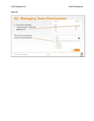 Chef Software Inc. Chef Compliance
Slide 25
©2016 Chef Software Inc. 8-25
GL: Managing Team Permissions
5. From the resulting
Teams screen, click the
pencil icon.
The team permissions
screen should display.
 