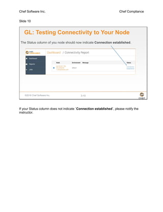 Chef Software Inc. Chef Compliance
Slide 10
©2016 Chef Software Inc. 3-10
GL: Testing Connectivity to Your Node
The Status column of you node should now indicate Connection established.
If your Status column does not indicate `Connection established`, please notify the
instructor.
 