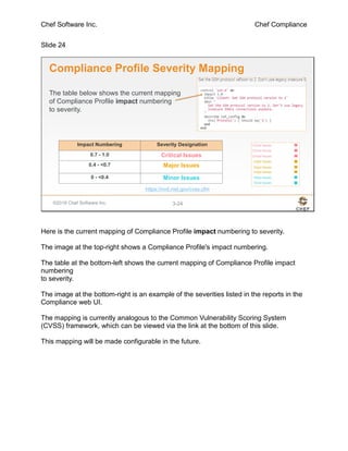 Chef Software Inc. Chef Compliance
Slide 24
©2016 Chef Software Inc. 3-24
Compliance Profile Severity Mapping
The table below shows the current mapping
of Compliance Profile impact numbering
to severity.
Impact Numbering Severity Designation
0.7 - 1.0 Critical Issues
0.4 - <0.7 Major Issues
0 - <0.4 Minor Issues
https://nvd.nist.gov/cvss.cfm
Here is the current mapping of Compliance Profile impact numbering to severity.
The image at the top-right shows a Compliance Profile's impact numbering.
The table at the bottom-left shows the current mapping of Compliance Profile impact
numbering
to severity.
The image at the bottom-right is an example of the severities listed in the reports in the
Compliance web UI.
The mapping is currently analogous to the Common Vulnerability Scoring System
(CVSS) framework, which can be viewed via the link at the bottom of this slide.
This mapping will be made configurable in the future.
 