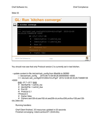 Chef Software Inc. Chef Compliance
Slide 53
©2016 Chef Software Inc. 3-53
...
+++ /etc/ssh/.ssh_config20151209-412-cf7gd7 2015-12-09
20:35:29.734689138 +0000
@@ -37,7 +37,7 @@
# IdentityFile ~/.ssh/id_rsa
# IdentityFile ~/.ssh/id_dsa
# Port 22
-# Protocol 2,1
+Protocol 2
# Cipher 3des
$ kitchen converge
GL: Run `kitchen converge`
You should now see that only Protocol version 2 is currently set in test kitchen.
- update content in file /etc/ssh/ssh_config from 86eb9b to 065f90
--- /etc/ssh/ssh_config 2015-08-13 09:58:26.000000000 +0000
+++ /etc/ssh/.ssh_config20151209-412-cf7gd7 2015-12-09 20:35:29.734689138
+0000
@@ -37,7 +37,7 @@
# IdentityFile ~/.ssh/id_rsa
# IdentityFile ~/.ssh/id_dsa
# Port 22
-# Protocol 2,1
+Protocol 2
# Cipher 3des
# Ciphers aes128-ctr,aes192-ctr,aes256-ctr,arcfour256,arcfour128,aes128-
cbc,3des-cbc
Running handlers:
Chef Client finished, 3/3 resources updated in 03 seconds
Finished converging <client-centos-67> (0m8.22s).
 