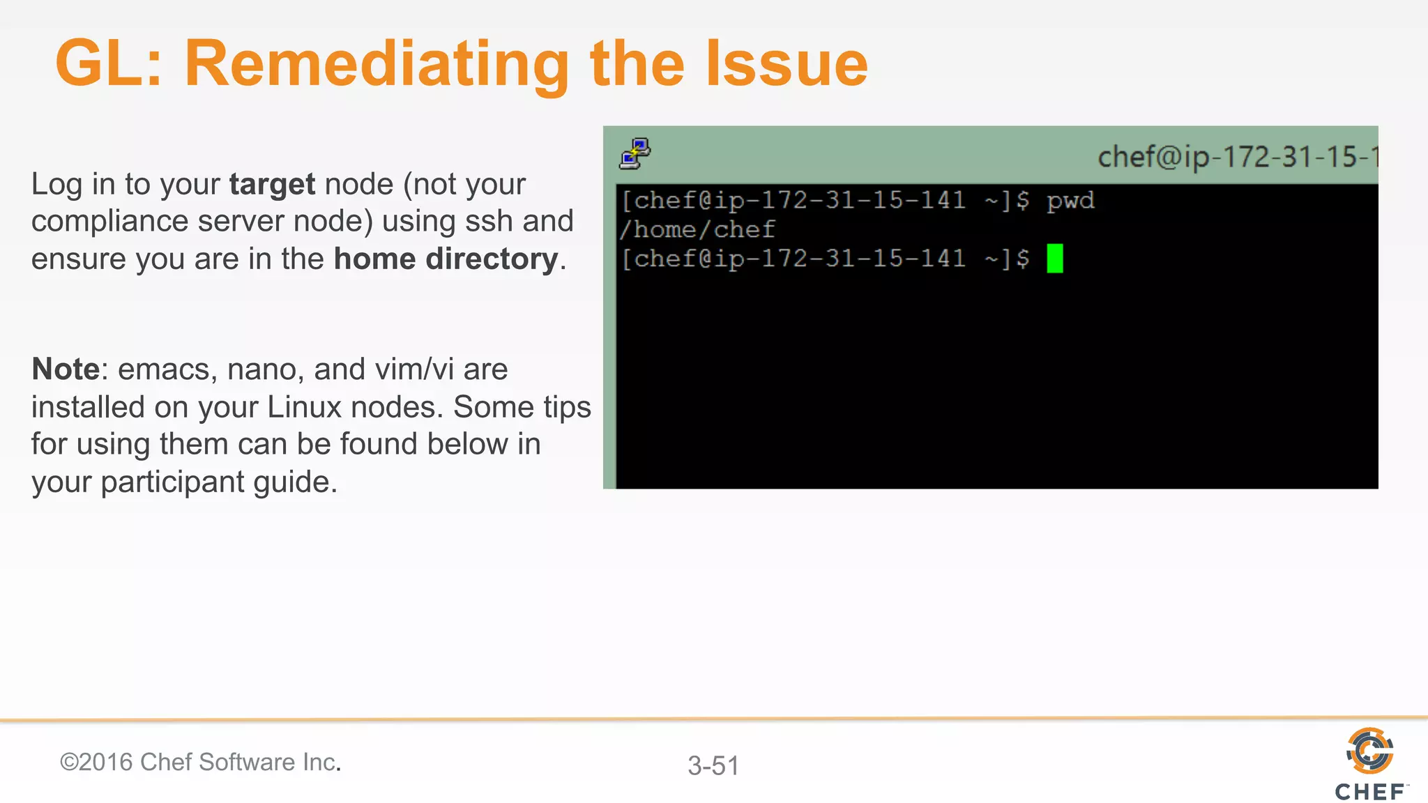 ©2016 Chef Software Inc. 3-51
GL: Remediating the Issue
Log in to your target node (not your
compliance server node) using ssh and
ensure you are in the home directory.
Note: emacs, nano, and vim/vi are
installed on your Linux nodes. Some tips
for using them can be found below in
your participant guide.
 