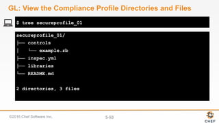 ©2016 Chef Software Inc. 5-93
secureprofile_01/
├── controls
│ └── example.rb
├── inspec.yml
├── libraries
└── README.md
2 directories, 3 files
$ tree secureprofile_01
GL: View the Compliance Profile Directories and Files
 