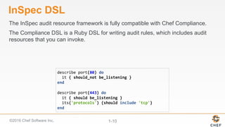 ©2016 Chef Software Inc. 1-10
The InSpec audit resource framework is fully compatible with Chef Compliance.
The Compliance DSL is a Ruby DSL for writing audit rules, which includes audit
resources that you can invoke.
InSpec DSL
describe	port(80)	do	
		it	{	should_not	be_listening	}	
end	
	
describe	port(443)	do	
		it	{	should	be_listening	}	
		its('protocols')	{should	include	'tcp'}	
end	
 
