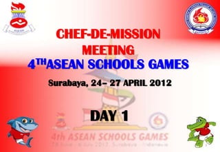 CHEF-DE-MISSION
        MEETING
4THASEAN SCHOOLS GAMES
  Surabaya, 24– 27 APRIL 2012


           DAY 1
                                1
 