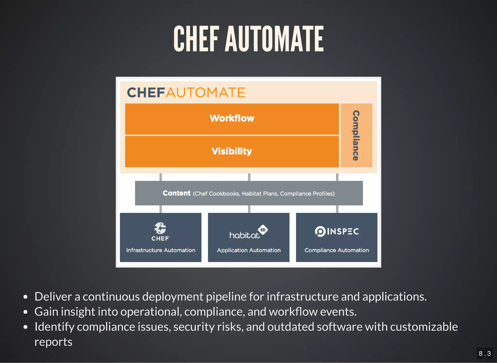 8 . 3
CHEF AUTOMATE
Deliver a continuous deployment pipeline for infrastructure and applications.
Gain insight into operational, compliance, and work ow events.
Identify compliance issues, security risks, and outdated software with customizable
reports
 