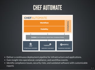 8 . 3
CHEF AUTOMATE
Deliver a continuous deployment pipeline for infrastructure and applications.
Gain insight into operational, compliance, and work ow events.
Identify compliance issues, security risks, and outdated software with customizable
reports
 