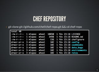 13
CHEF REPOSITORY
› git clone git://github.com/chef/chef-repo.git && cd chef-repo
 