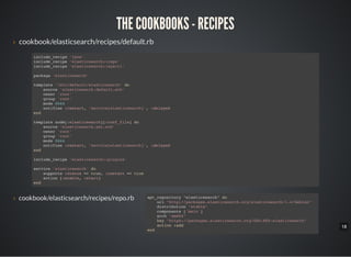 18
THE COOKBOOKS - RECIPES
› cookbook/elasticsearch/recipes/default.rb
include_recipe 'java'
include_recipe 'elasticsearch::repo'
include_recipe 'elasticsearch::sysctl'
package 'elasticsearch'
template '/etc/default/elasticsearch' do
source 'elasticsearch.default.erb'
owner 'root'
group 'root'
mode 0644
notifies :restart, 'service[elasticsearch]', :delayed
end
template node[:elasticsearch][:conf_file] do
source 'elasticsearch.yml.erb'
owner 'root'
group 'root'
mode 0644
notifies :restart, 'service[elasticsearch]', :delayed
end
include_recipe 'elasticsearch::plugins'
service 'elasticsearch' do
supports :status => true, :restart => true
action [:enable, :start]
end
› cookbook/elasticsearch/recipes/repo.rb apt_repository "elasticsearch" do
uri "http://packages.elasticsearch.org/elasticsearch/1.4/debian"
distribution "stable"
components ['main']
arch "amd64"
key "https://packages.elasticsearch.org/GPG-KEY-elasticsearch"
action :add
end
 
