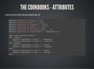19 . 1
THE COOKBOOKS - ATTRIBUTES
› memcache/attributes/default.rb
default['memcached']['memory'] = 64
default['memcached']['port'] = 11211
default['memcached']['udp_port'] = 11211
default['memcached']['listen'] = '0.0.0.0'
default['memcached']['maxconn'] = 1024
default['memcached']['max_object_size'] = '1m'
default['memcached']['logfilename'] = 'memcached.log'
case node['platform_family']
when 'ubuntu'
default['memcached']['user'] = 'memcache'
default['memcached']['group'] = 'memcache'
when 'debian'
default['memcached']['user'] = 'nobody'
default['memcached']['group'] = 'nogroup'
else
default['memcached']['user'] = 'nobody'
default['memcached']['user'] = 'nogroup'
end
 