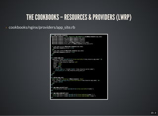 23 . 2
THE COOKBOOKS – RESOURCES & PROVIDERS (LWRP)
› cookbooks/nginx/providers/app_site.rb
 