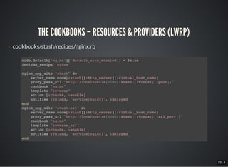 23 . 4
THE COOKBOOKS – RESOURCES & PROVIDERS (LWRP)
› cookbooks/stash/recipes/nginx.rb
node.default['nginx']['default_site_enabled'] = false
include_recipe 'nginx'
nginx_app_site "stash" do
server_name node[:stash][:http_server][:virtual_host_name]
proxy_pass_url "http://localhost:#{node[:stash][:tomcat][:port]}"
cookbook "nginx"
template "reverse"
action [:create, :enable]
notifies :reload, 'service[nginx]', :delayed
end
nginx_app_site "stash-ssl" do
server_name node[:stash][:http_server][:virtual_host_name]
proxy_pass_url "http://localhost:#{node[:stash][:tomcat][:ssl_port]}"
cookbook "nginx"
template "reverse_ssl"
action [:create, :enable]
notifies :reload, 'service[nginx]', :delayed
end
 