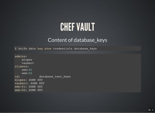32 . 4
CHEF VAULT
Content of database_keys
$ knife data bag show credentials database_keys
admins:
mlopez
vaubert
clients:
web-01
web-02
id: database_test_keys
mlopez: SOME KEY
vaubert: SOME KEY
web-01: SOME KEY
web-02: SOME KEY
 
