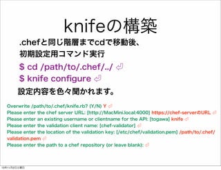 knifeの構築
.chefと同じ階層までcdで移動後、
初期設定用コマンド実行
$ cd /path/to/.chef/../
$ knife conﬁgure
設定内容を色々聞かれます。
Overwrite /path/to/.chef/knife.rb? (Y/N) Y
Please enter the chef server URL: [http://MacMini.local:4000] https://chef-serverのURL
Please enter an existing username or clientname for the API: [togawa] knife
Please enter the validation client name: [chef-validator]
Please enter the location of the validation key: [/etc/chef/validation.pem] /path/to/.chef/
validation.pem
Please enter the path to a chef repository (or leave blank):

13年11月2日土曜日

 