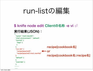 run-listの編集
$ knife node edit Clientの名称 -e vi
実行結果(JSON)：
{
"name": "chef-client01",
"chef_environment": "_default",
"normal": {
"tags": [
]
},
"run_list": [
recipe[apache2] ,
recipe[apache2::mod_rewrite]
],
"default": {
},
"override": {
},
………
……
13年11月2日土曜日

recipe[cookbook名]
or
recipe[cookbook名::recipe名]

 