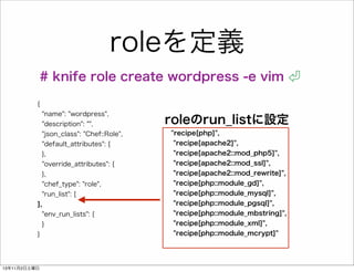 roleを定義
# knife role create wordpress -e vim
{
"name": "wordpress",
"description": "",
"json_class": "Chef::Role",

roleのrun_listに設定
"recipe[php]",

"default_attributes": {

"recipe[apache2]",

},

"recipe[apache2::mod_php5]",

"override_attributes": {

"recipe[apache2::mod_ssl]",

},

"recipe[apache2::mod_rewrite]",

"chef_type": "role",

"recipe[php::module_gd]",

"run_list": [

"recipe[php::module_mysql]",

],

"recipe[php::module_pgsql]",

"env_run_lists": {
}
}

13年11月2日土曜日

"recipe[php::module_mbstring]",
"recipe[php::module_xml]",
"recipe[php::module_mcrypt]"

 