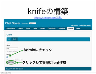 knifeの構築
https://chef-serverのURL

Adminにチェック

クリックして管理Client作成
13年11月2日土曜日

 