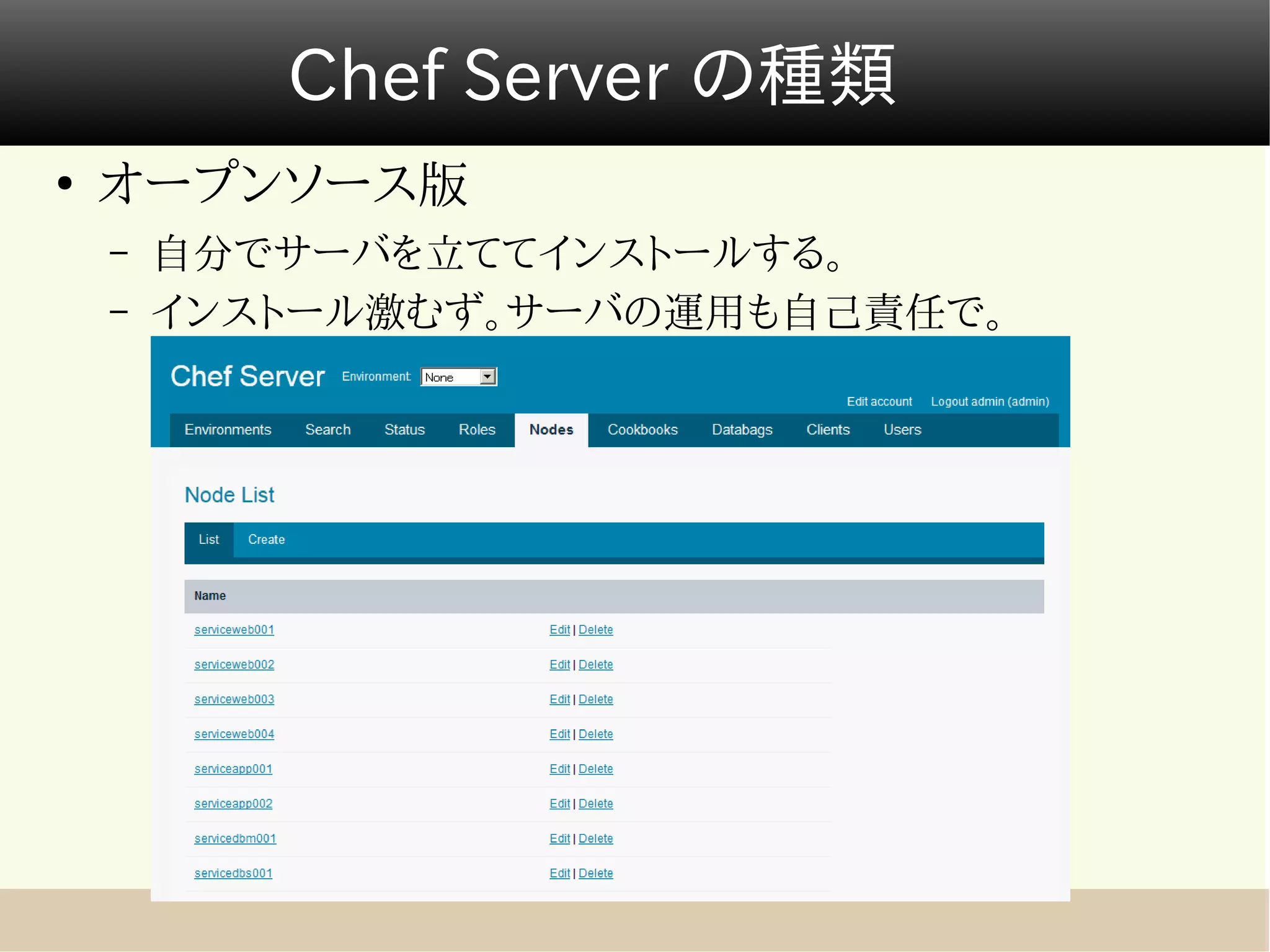 Chef Server の種類
●
    オープンソース版
    –   自分でサーバを立ててインストールする。
    –   インストール激むず。サーバの運用も自己責任で。
 