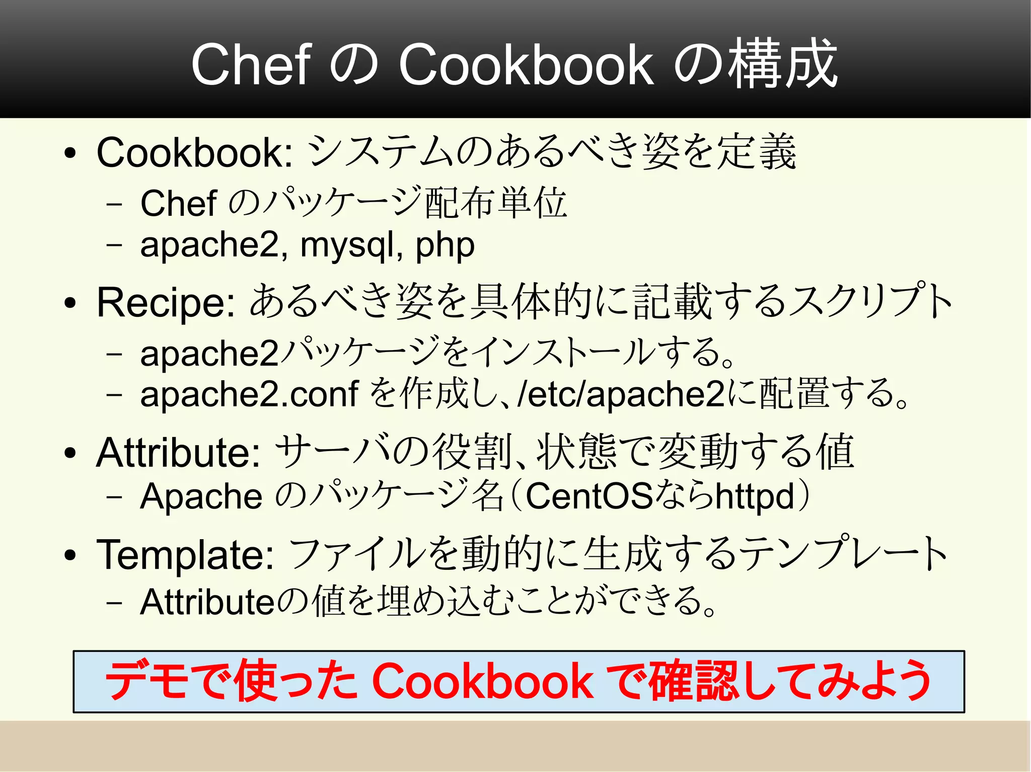 Chef の Cookbook の構成
●   Cookbook: システムのあるべき姿を定義
    –   Chef のパッケージ配布単位
    –   apache2, mysql, php
●   Recipe: あるべき姿を具体的に記載するスクリプト
    –   apache2パッケージをインストールする。
    –   apache2.conf を作成し、/etc/apache2に配置する。
●   Attribute: サーバの役割、状態で変動する値
    –   Apache のパッケージ名（CentOSならhttpd）
●   Template: ファイルを動的に生成するテンプレート
    –   Attributeの値を埋め込むことができる。

    デモで使った Cookbook で確認してみよう
 