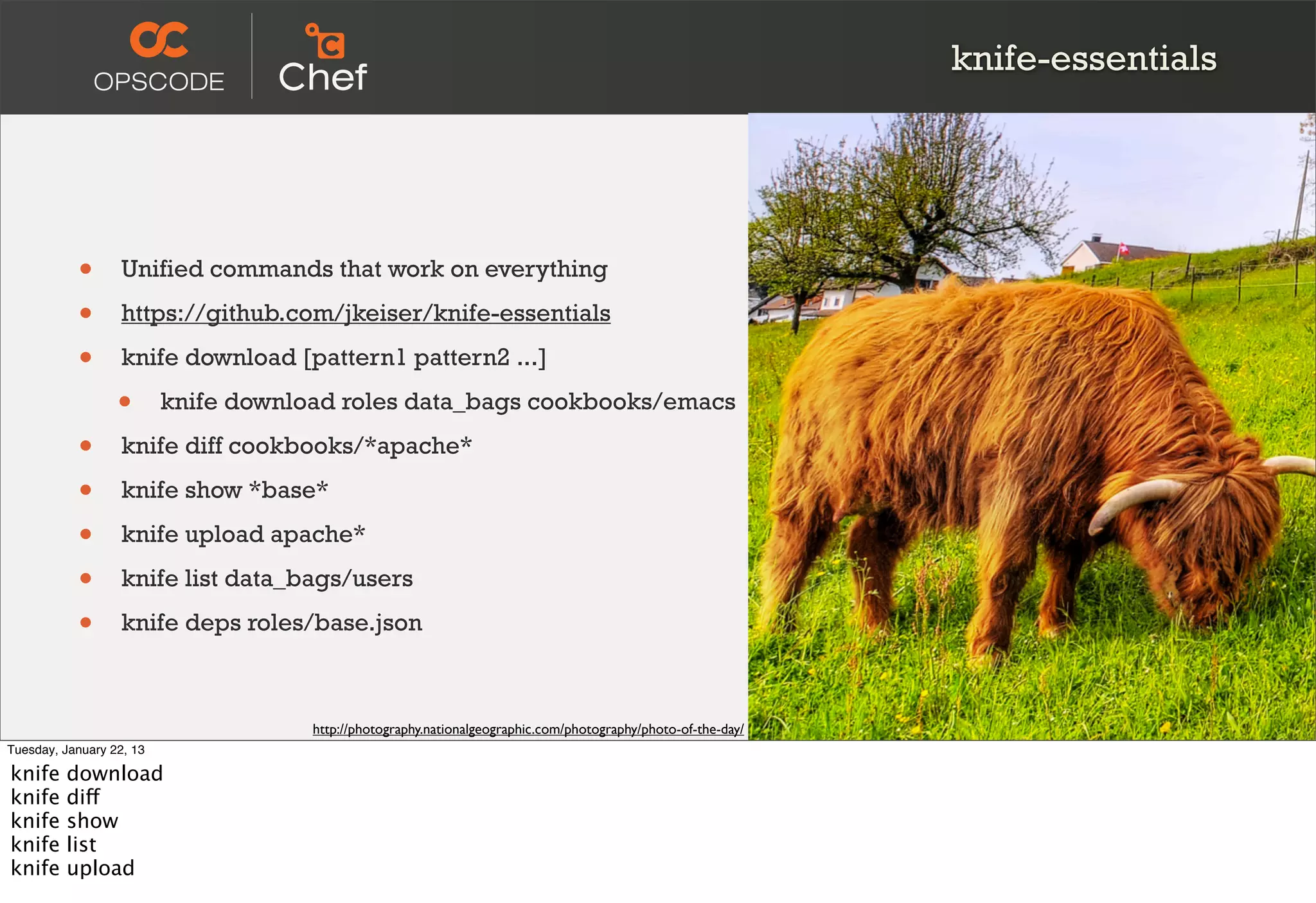 knife-essentials




           •       Unified commands that work on everything

           •       https://github.com/jkeiser/knife-essentials

           •       knife download [pattern1 pattern2 ...]

                  •       knife download roles data_bags cookbooks/emacs

           •       knife diff cookbooks/*apache*

           •       knife show *base*

           •       knife upload apache*

           •       knife list data_bags/users

           •       knife deps roles/base.json



                                      http://photography.nationalgeographic.com/photography/photo-of-the-day/
Tuesday, January 22, 13

knife    download
knife    diff
knife    show
knife    list
knife    upload
 