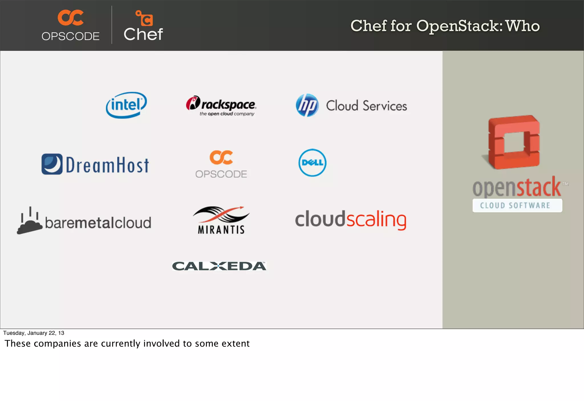 Chef for OpenStack: Who




Tuesday, January 22, 13

These companies are currently involved to some extent
 