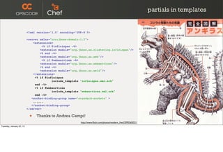 partials in templates


                          <?xml version='1.0' encoding='UTF-8'?>

                          <server xmlns="urn:jboss:domain:1.2">
                              <extensions>
                                    <% if @infinispan -%>
                                  <extension module="org.jboss.as.clustering.infinispan"/>
                                  <% end -%>
                                  <extension module="org.jboss.as.web"/>
                                    <% if @webservices -%>
                                  <extension module="org.jboss.as.webservices"/>
                                  <% end -%>
                                  <extension module="org.jboss.as.weld"/>
                              </extensions>
                               <% if @infinispan
                                          include_template "infinispan.xml.erb"
                               end -%>
                               <% if @webservices
                                          include_template "webservices.xml.erb"
                               end -%>
                             <socket-binding-group name="standard-sockets" >
                              ......
                             </socket-binding-group>
                          </server>


                           •    Thanks to Andrea Campi!
                                                          http://www.ﬂickr.com/photos/modern_fred/2095565021/
Tuesday, January 22, 13
 