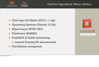 Chef for OpenStack: When (Today)




                  •       Chef repo for Essex (2012.1.1 tag)
                  •       Operating Systems (Ubuntu 12.04)
                  •       Hypervisors (KVM, LXC)
                  •       Databases (MySQL)
                  •       FlatDHCP & VLAN networking
                          •   manual floating IPs documented
                  •       Test Kitchen integration


Tuesday, January 22, 13
 