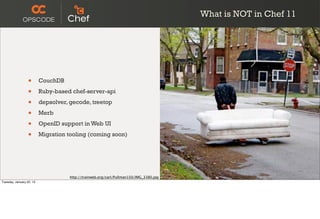 What is NOT in Chef 11




                  •       CouchDB

                  •       Ruby-based chef-server-api

                  •       depsolver, gecode, treetop

                  •       Merb

                  •       OpenID support in Web UI

                  •       Migration tooling (coming soon)




                                     http://trainweb.org/carl/Pullman150/IMG_3380.jpg
Tuesday, January 22, 13
 