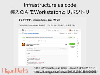 Infrastructure as code
ΥWorkstatonȥݥȥ
30
ãInfrastructure as Code - naoyaΤϤƤʥ`
<http://d.hatena.ne.jp/naoya/20131215/1387090668>
 