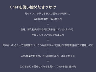Chefを使い始めたきっかけ
元々インフラができる人が居なかった所に、
WEBの仕事が一気に増えた
↓
当時、新入社員でやる気に満ち溢れていた(？)ので、
率先してインフラに手を出した
↓
気が付いたら１人で短期間でけっこうな数のサーバ(自社DC仮想環境)立てて管理してた
↓
AWS事業が始まり、さらに増えるペースが上がった
↓
このままじゃ回らなくなると思い、Chefを使い始めた
 