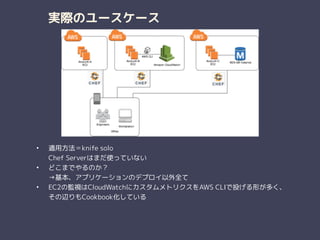 実際のユースケース
• 適用方法＝knife solo 
Chef Serverはまだ使っていない
• どこまでやるのか？ 
→基本、アプリケーションのデプロイ以外全て
• EC2の監視はCloudWatchにカスタムメトリクスをAWS CLIで投げる形が多く、 
その辺りもCookbook化している
 