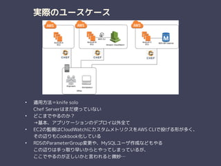 実際のユースケース
• 適用方法＝knife solo 
Chef Serverはまだ使っていない
• どこまでやるのか？ 
→基本、アプリケーションのデプロイ以外全て
• EC2の監視はCloudWatchにカスタムメトリクスをAWS CLIで投げる形が多く、 
その辺りもCookbook化している
• RDSのParameterGroup変更や、MySQLユーザ作成などもやる 
この辺りは手っ取り早いからとやってしまっているが、 
ここでやるのが正しいかと言われると微妙…
 