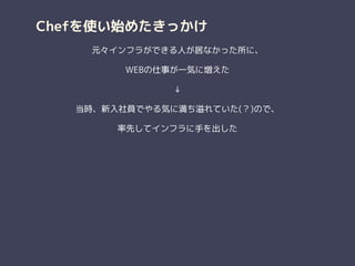 Chefを使い始めたきっかけ
元々インフラができる人が居なかった所に、
WEBの仕事が一気に増えた
↓
当時、新入社員でやる気に満ち溢れていた(？)ので、
率先してインフラに手を出した
 