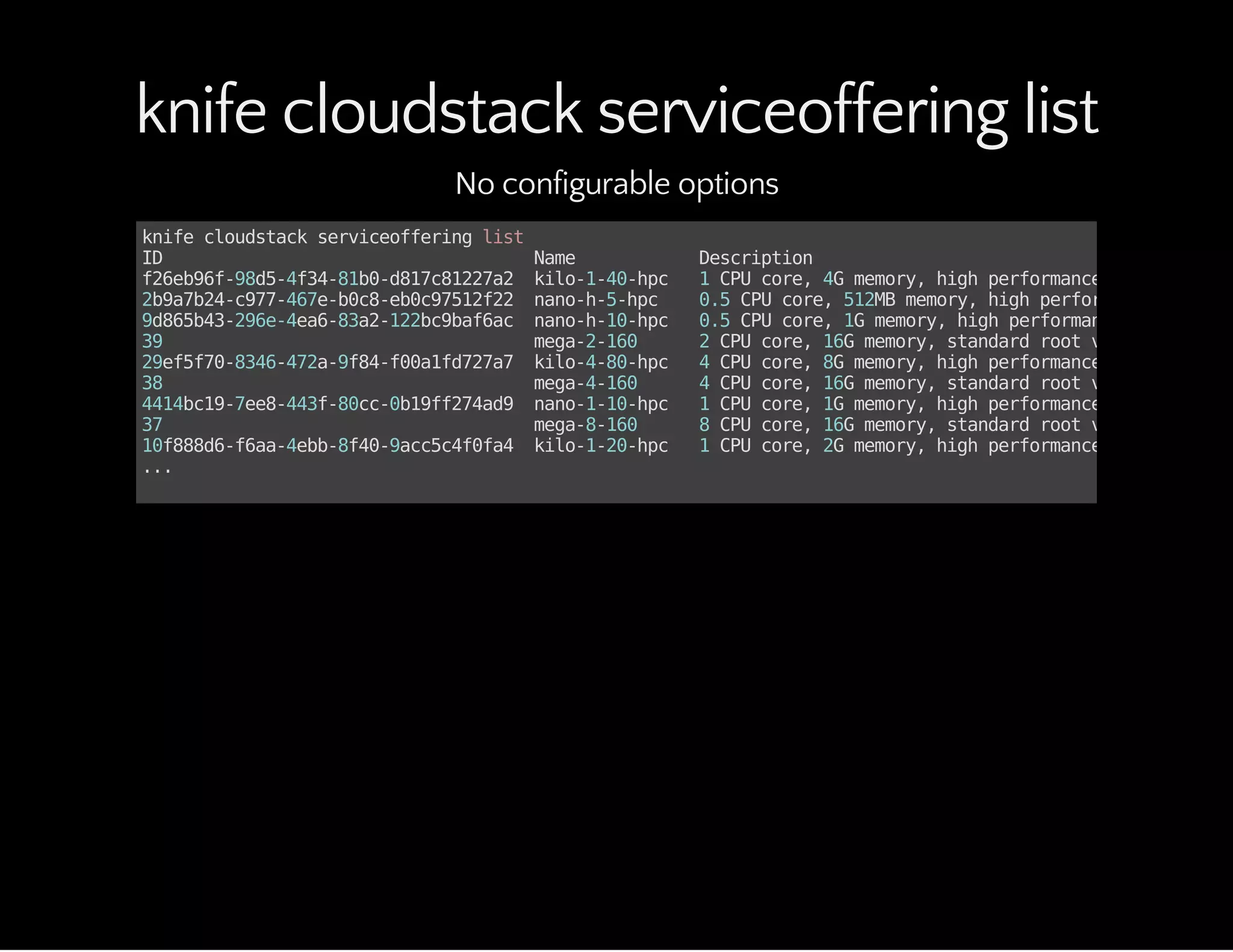 knife cloudstack serviceoffering list
No configurable options
knifecloudstackserviceofferinglist
ID Name Description
f26eb96f-98d5-4f34-81b0-d817c81227a2 kilo-1-40-hpc 1CPUcore,4Gmemory,highperformancerootvolume
2b9a7b24-c977-467e-b0c8-eb0c97512f22 nano-h-5-hpc 0.5CPUcore,512MBmemory,highperformancerootvo
9d865b43-296e-4ea6-83a2-122bc9baf6ac nano-h-10-hpc 0.5CPUcore,1Gmemory,highperformancerootvolum
39 mega-2-160 2CPUcore,16Gmemory,standardrootvolume
29ef5f70-8346-472a-9f84-f00a1fd727a7 kilo-4-80-hpc 4CPUcore,8Gmemory,highperformancerootvolume
38 mega-4-160 4CPUcore,16Gmemory,standardrootvolume
4414bc19-7ee8-443f-80cc-0b19ff274ad9 nano-1-10-hpc 1CPUcore,1Gmemory,highperformancerootvolume
37 mega-8-160 8CPUcore,16Gmemory,standardrootvolume
10f888d6-f6aa-4ebb-8f40-9acc5c4f0fa4 kilo-1-20-hpc 1CPUcore,2Gmemory,highperformancerootvolume
...
 