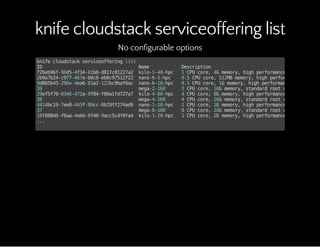 knife cloudstack serviceoffering list
No configurable options
knifecloudstackserviceofferinglist
ID Name Description
f26eb96f-98d5-4f34-81b0-d817c81227a2 kilo-1-40-hpc 1CPUcore,4Gmemory,highperformancerootvolume
2b9a7b24-c977-467e-b0c8-eb0c97512f22 nano-h-5-hpc 0.5CPUcore,512MBmemory,highperformancerootvo
9d865b43-296e-4ea6-83a2-122bc9baf6ac nano-h-10-hpc 0.5CPUcore,1Gmemory,highperformancerootvolum
39 mega-2-160 2CPUcore,16Gmemory,standardrootvolume
29ef5f70-8346-472a-9f84-f00a1fd727a7 kilo-4-80-hpc 4CPUcore,8Gmemory,highperformancerootvolume
38 mega-4-160 4CPUcore,16Gmemory,standardrootvolume
4414bc19-7ee8-443f-80cc-0b19ff274ad9 nano-1-10-hpc 1CPUcore,1Gmemory,highperformancerootvolume
37 mega-8-160 8CPUcore,16Gmemory,standardrootvolume
10f888d6-f6aa-4ebb-8f40-9acc5c4f0fa4 kilo-1-20-hpc 1CPUcore,2Gmemory,highperformancerootvolume
...
 