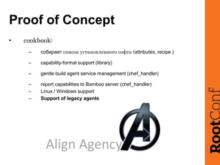 Proof of Concept
• cookbook:
– собирает список установленного софта (attributes, recipe )
– capability-format support (lib...