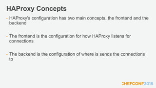 HAProxy Concepts
• HAProxy's configuration has two main concepts, the frontend and the
backend
• The frontend is the configuration for how HAProxy listens for
connections
• The backend is the configuration of where is sends the connections
to
 