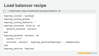 Load balancer recipe
haproxy_install 'package'
haproxy_config_global ''
haproxy_config_defaults ''
haproxy_frontend 'http-in' do
default_backend 'servers'
end
haproxy_backend 'servers' do
server ?????
notifies :restart, 'haproxy_service[haproxy]', :immediately
end
haproxy_service 'haproxy'
~/lab4/chef-repo/cookbooks/recipes/default.rb
 