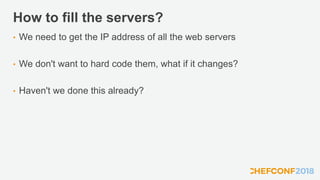 How to fill the servers?
• We need to get the IP address of all the web servers
• We don't want to hard code them, what if it changes?
• Haven't we done this already?
 