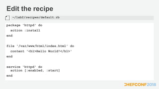 Edit the recipe
package 'httpd' do
action :install
end
file '/var/www/html/index.html' do
content '<h1>Hello World!</h1>'
end
service 'httpd' do
action [:enabled, :start]
end
~/lab2/recipes/default.rb
 