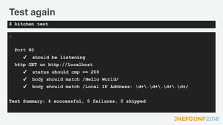 Test again
…
Port 80
✔ should be listening
http GET on http://localhost
✔ status should cmp == 200
✔ body should match /Hello World/
✔ body should match /Local IP Address: d+.d+.d+.d+/
Test Summary: 4 successful, 0 failures, 0 skipped
$ kitchen test
 