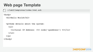 Web page Template
<body>
<h1>Hello World</h1>
<p>Some details about the system:
<ul>
<li>Local IP Address: <%= node['ipaddress'] %></li>
</ul>
</p>
</body>
~/lab3/templates/index.html.erb
 