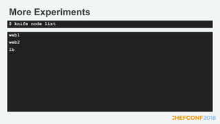 More Experiments
web1
web2
lb
$ knife node list
 